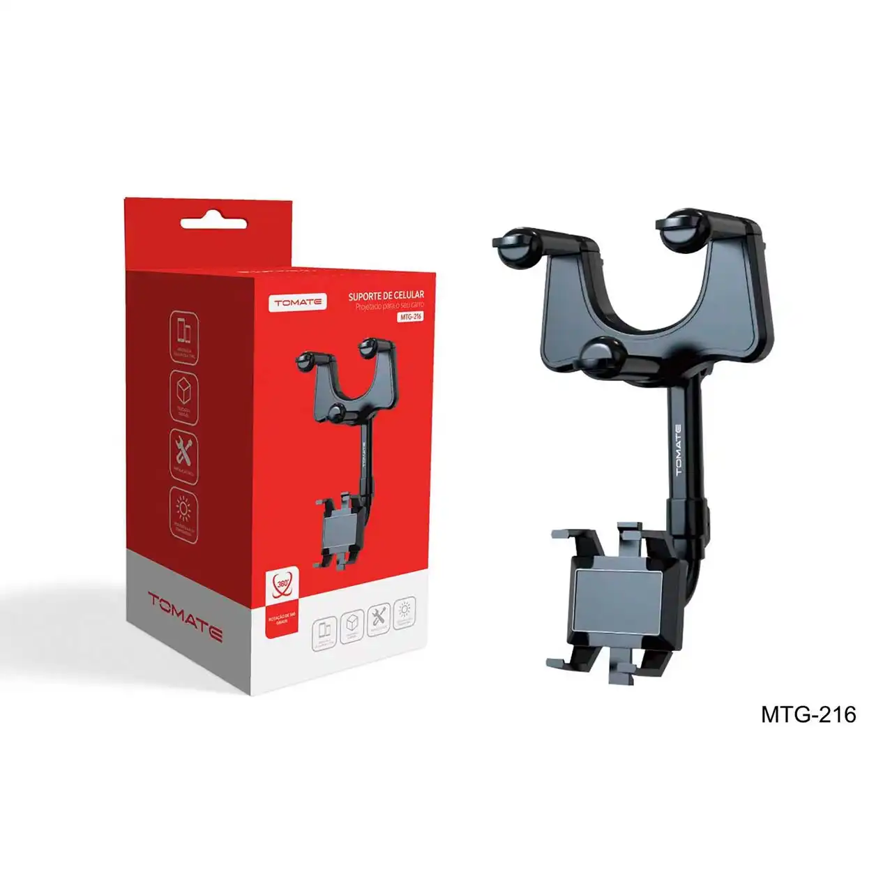 MTG-216 Suporte de Celular Veicular para Retrovisor Tomate - Fixação Segura e Visão Perfeita
