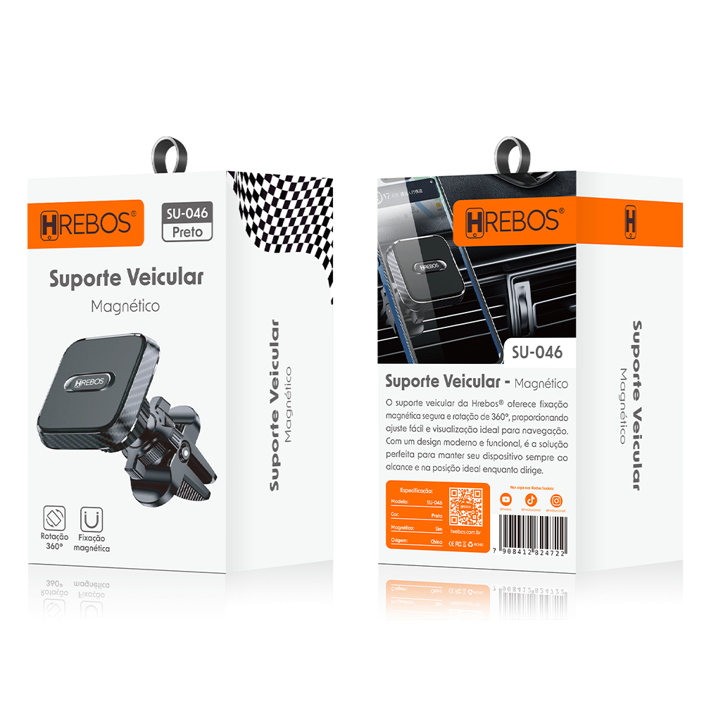 SU-046 Suporte Veicular Magnético Hrebos para Celular - Fixação Segura e Prática